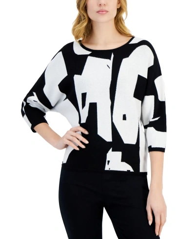 T Tahari Women's Abstract Print 3/4-sleeve Crewneck Sweater In Black With White Star Contrast