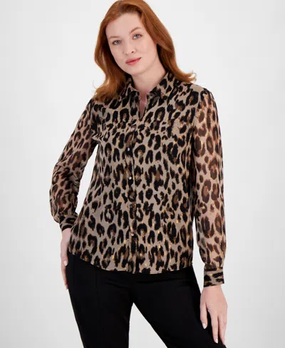 T Tahari Women's Animal-print Collared Button-down Blouse In Brown