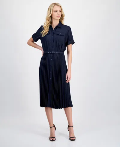 T Tahari Women's Belted Button-front Midi Dress In Blue
