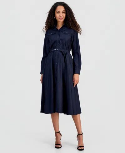 T Tahari Women's Belted Button Long-sleeve Fit & Flare Dress In Blue