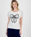 T Tahari Women's Bow Scoop Neck Short-sleeve Sweater In White Star