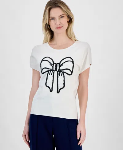 T Tahari Women's Bow Scoop Neck Short-sleeve Sweater In White Star