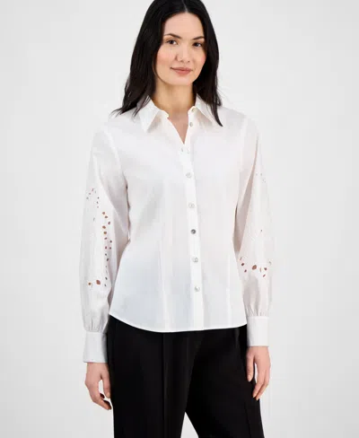 T TAHARI WOMEN'S BUTTON-FRONT EMBROIDERED-SLEEVE SHIRT