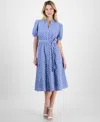 T Tahari Women's Button-front Puff-sleeve Midi Dress In Denim Water Drop