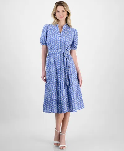 T Tahari Women's Button-front Puff-sleeve Midi Dress In Denim Water Drop