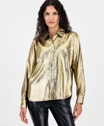 T Tahari Women's Button-down Metallic Long-sleeve Blouse In Gold