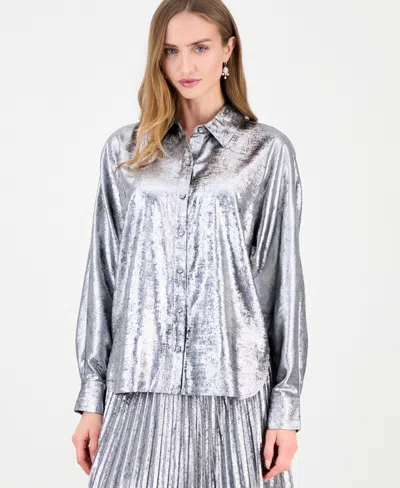 T Tahari Women's Button-down Metallic Long-sleeve Blouse In Silver