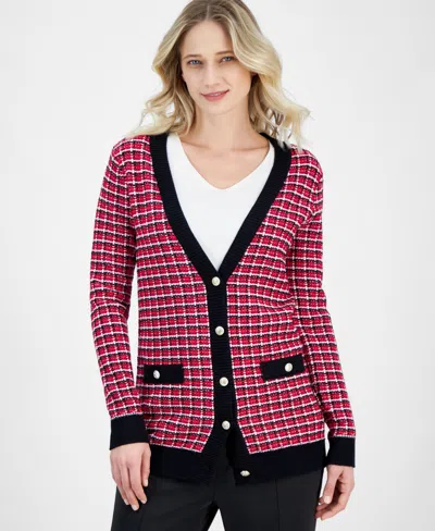 T Tahari Women's Check Contrast-trim V-neck Cardigan In Pink Heart Combo