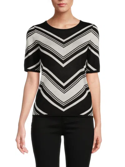 T Tahari Elbow-sleeve Mitered Chevron Sweater In Black