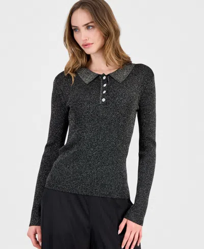 T Tahari Women's Collared Ribbed Metallic Top In Black