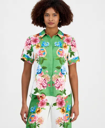 T Tahari Women's Collared Short-sleeve Floral Blouse In Multi