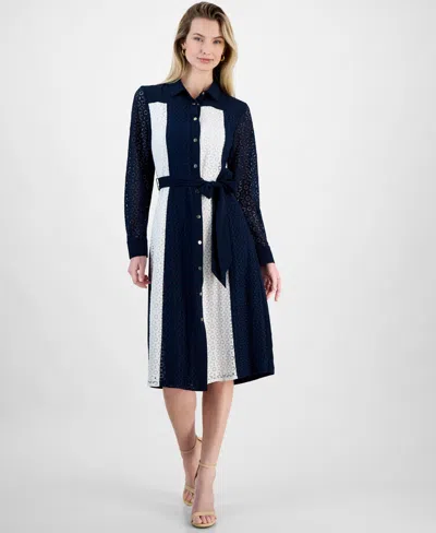 T Tahari Women's Colorblocked Mixed-media Belted Dress In Evening Navy W White Star