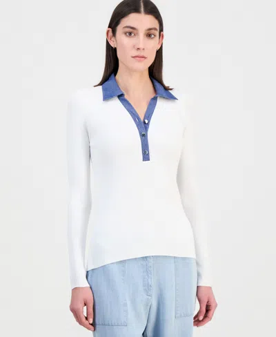 T Tahari Women's Contrast Collared Ribbed Knit Sweater In White