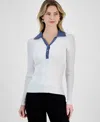 T Tahari Women's Contrast Collared Ribbed Knit Sweater In White Star W Lightt Denim