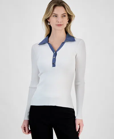 T Tahari Women's Contrast Collared Ribbed Knit Sweater In White Star W Lightt Denim