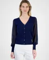 T Tahari Blouson Sleeve Rib Cardigan In Blue