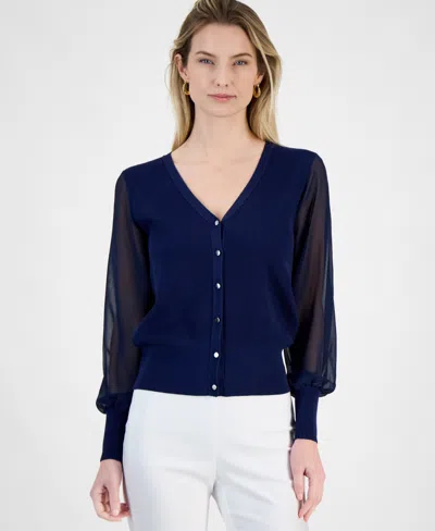 T TAHARI WOMEN'S CONTRAST-SLEEVE BUTTON-FRONT CARDIGAN