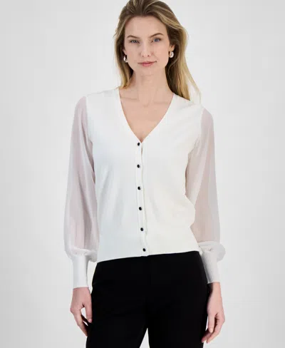 T TAHARI WOMEN'S CONTRAST-SLEEVE BUTTON-FRONT CARDIGAN