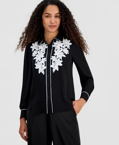 T Tahari Women's Contrast-trim Button-down Blouse In Black