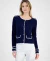 T Tahari Long Sleeve Crewneck Button Down Cardigan In Evening Nay