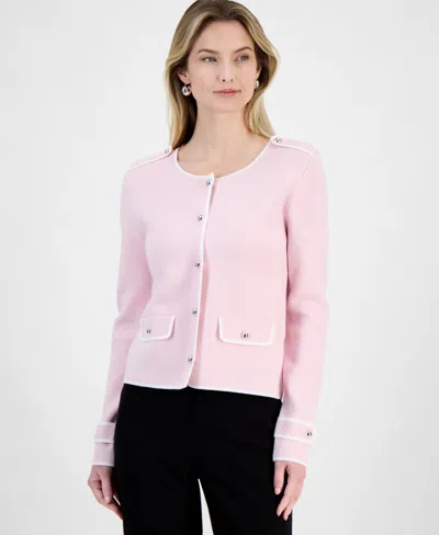 T Tahari Women's Contrast Trim Button-front Cardigan In Soft Pink