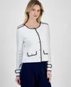T Tahari Long Sleeve Crewneck Button Down Cardigan In White Star