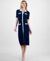 T Tahari Women's Contrast-trim Button-front Sweater Dress In Evening Navy W White Star