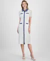 T Tahari Women's Contrast-trim Button-front Sweater Dress In White Star W Lightt Denim
