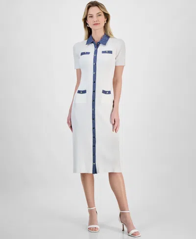 T Tahari Women's Contrast-trim Button-front Sweater Dress In White Star W Lightt Denim