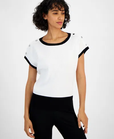 T Tahari Women's Contrast-trim Button-shoulder Sweater In White Star