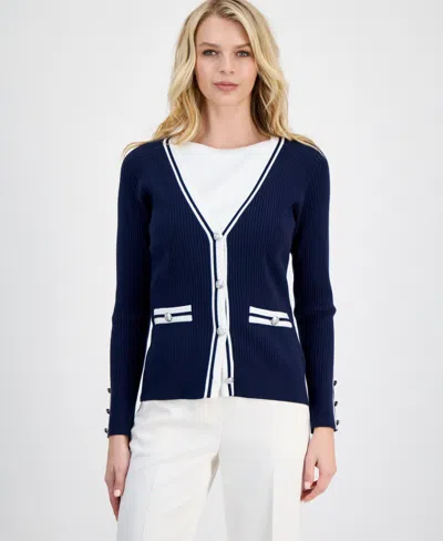 T Tahari Women's Contrast-trim Ribbed Knit Button-front Cardigan In Blue