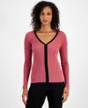 T Tahari Women's Contrast-trim Ribbed Long-sleeve Top In Velvet Rose