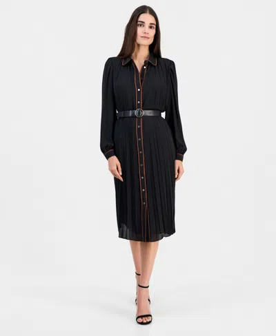 T Tahari Pleated Chiffon Shirtdress In Black