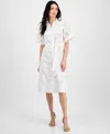 T Tahari Short Sleeve Eyelet Dress In White Star