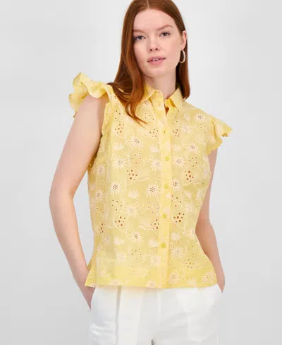 T Tahari Women's Cotton Eyelet Flutter-sleeve Top In Yellow Sky
