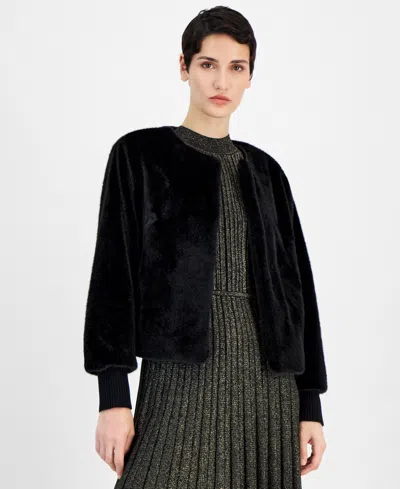T Tahari Women's Crewneck Cropped Faux-fur Jacket In Black