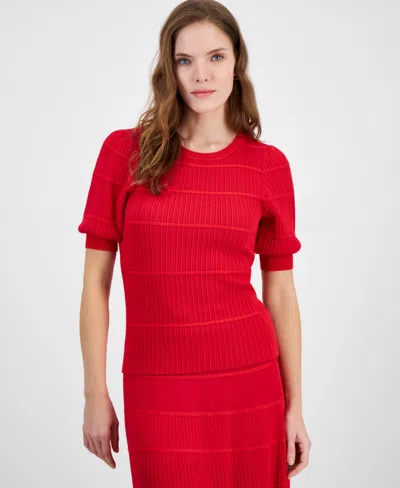 T Tahari Women's Crewneck Elbow-sleeve Rib-knit Blouse In Gala Red,pink Heart