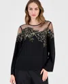 T Tahari Women's Crewneck Floral Illusion Blouse In Black