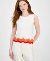 T Tahari Women's Crewneck Striped-hem Sleeveless Sweater In White