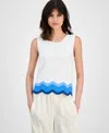 T Tahari Women's Crewneck Striped-hem Sleeveless Sweater In White