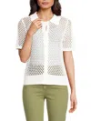 T Tahari Pointelle Collared Cardigan In White Star