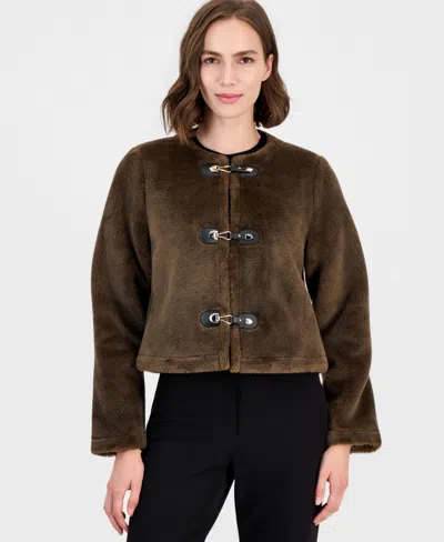 T Tahari Women's Cropped Buckled Faux Fur Coat In Deep Fern