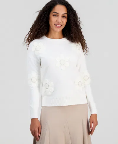 T Tahari Women's Dimensional Flowers Crewneck Sweater In White