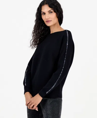T Tahari Women's Dolman Long-sleeve Boat Neck Ribbed Sweater In Black