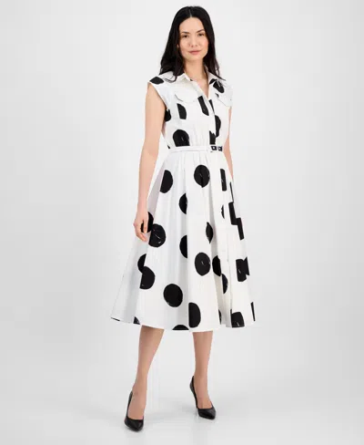 T Tahari Women's Dot-print Belted Fit & Flare Dress In Exploded Dot Print