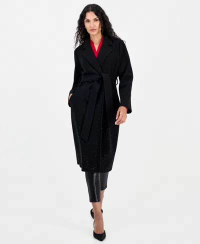 T Tahari Women's Double-breasted Heatset Embellishment Self Waist Tie Coat In Animal Print