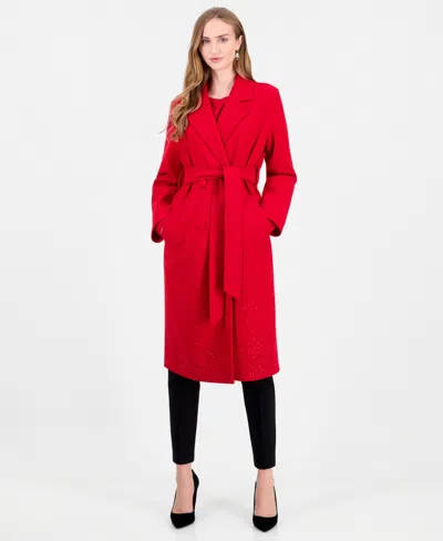 T Tahari Women's Double-breasted Heatset Embellishment Self Waist Tie Coat In Red