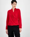 T Tahari Long Sleeve Faux Wrap Top In Baked Cherry
