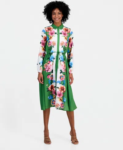 T Tahari Women's Drawstring-waist Midi Shirtdress In Green