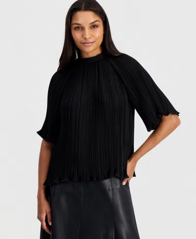 T Tahari Elbow Sleeve Micro Pleated Blouse In Black